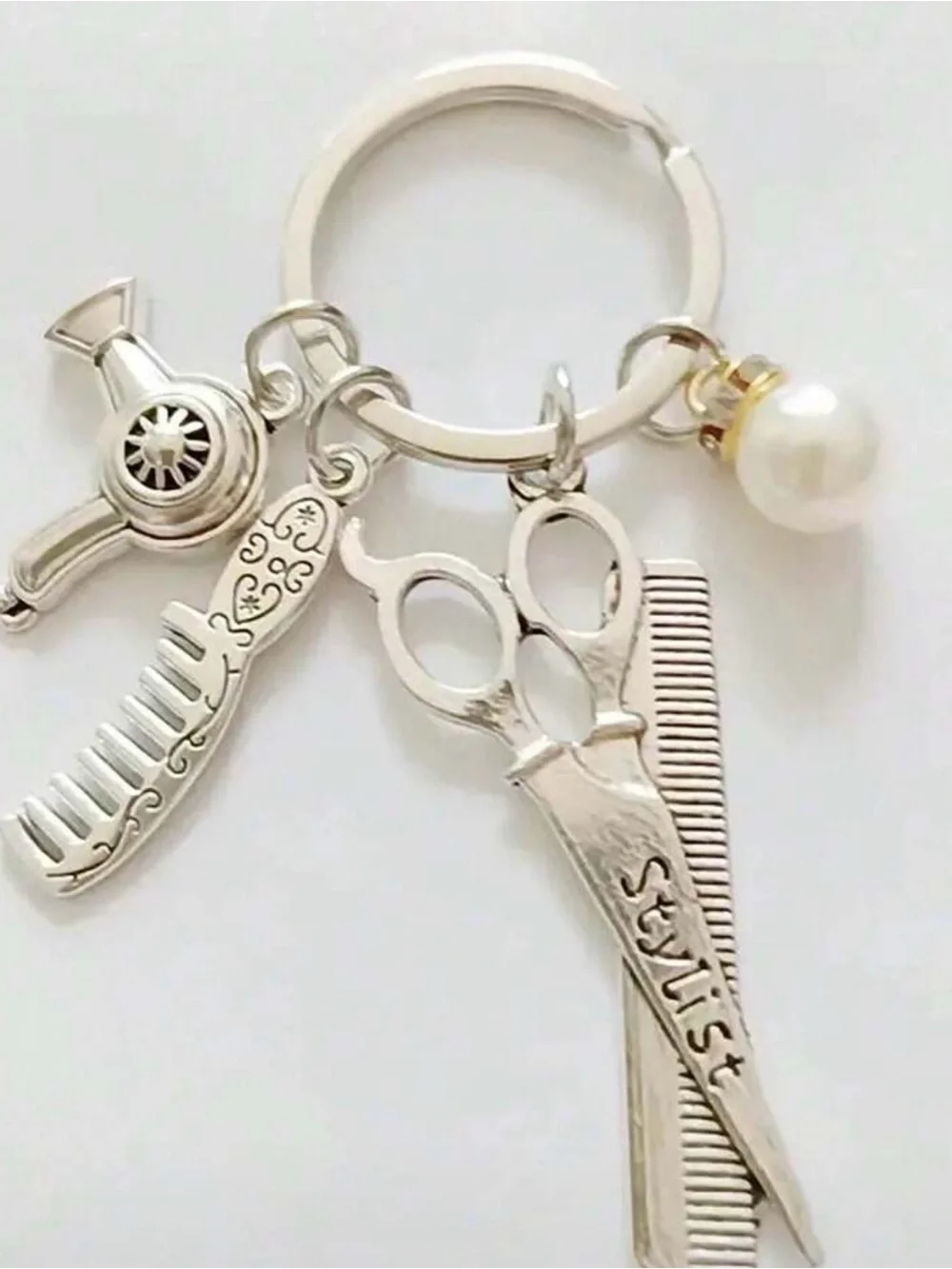 Source Unknown Silver and White Stylist Scissors & Comb Keychain